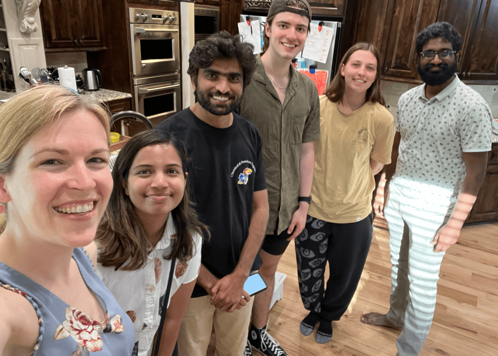 Professor Corson, Kinithi, Mukhtiar, Carter, Lauren, and Karthik at a Corson Lab potluck.