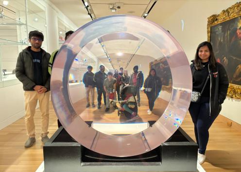 Picture of Professor Corson, Kinithi, Mukhtiar, Carter, Karthik, Seth, Mohammad, and Apoorva at the Spencer Museum.
