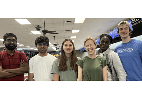 Karthik, Mukhtiar, Lauren, Professor Corson, Osa, and Carter at the bowling alley.